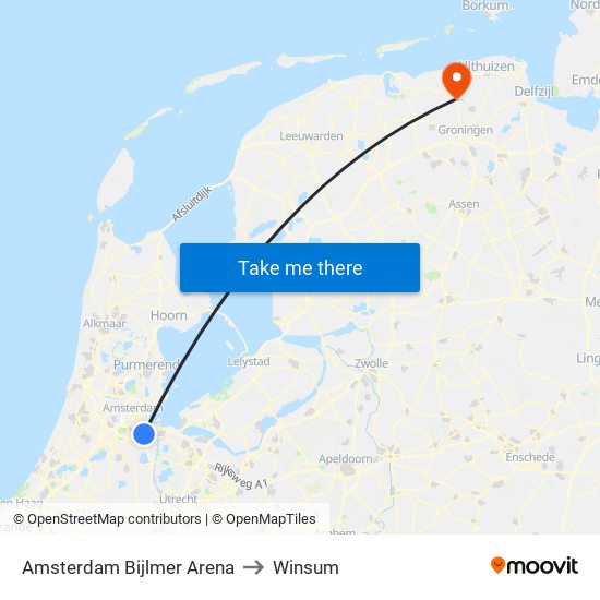 Amsterdam Bijlmer Arena to Winsum map