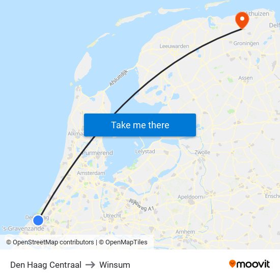 Den Haag Centraal to Winsum map