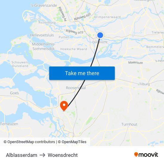 Alblasserdam to Woensdrecht map