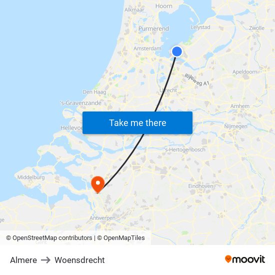 Almere to Woensdrecht map