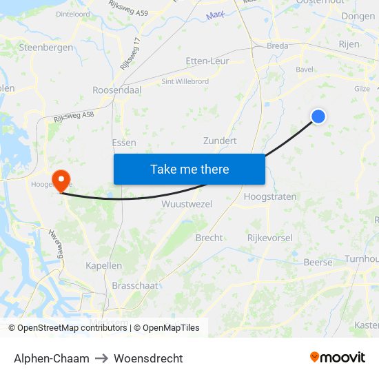 Alphen-Chaam to Woensdrecht map