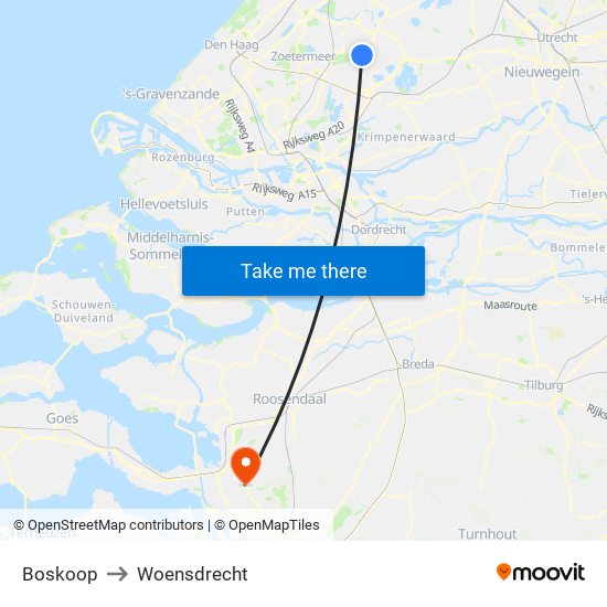 Boskoop to Woensdrecht map