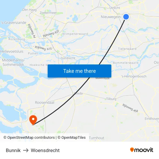 Bunnik to Woensdrecht map