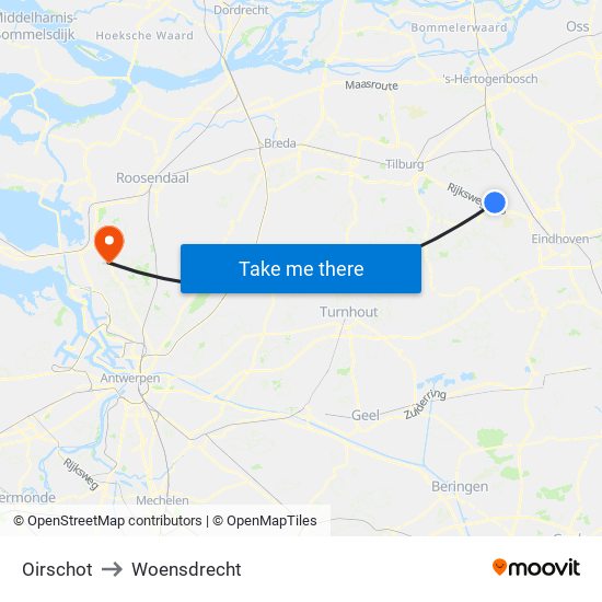 Oirschot to Woensdrecht map