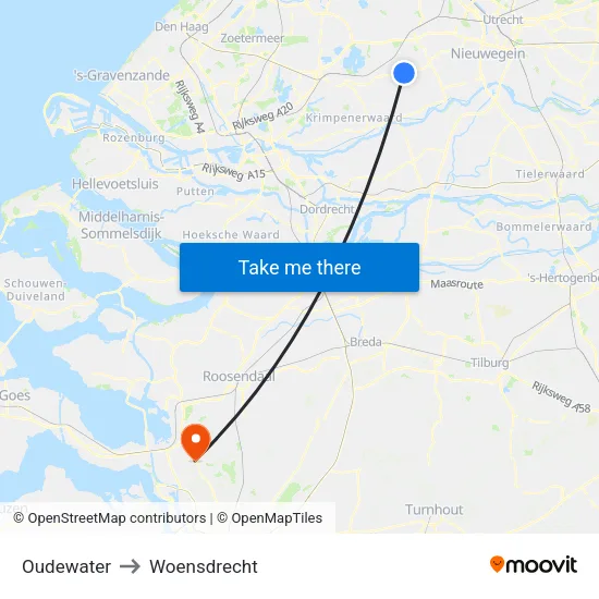 Oudewater to Woensdrecht map
