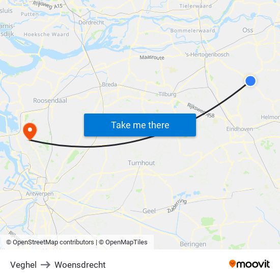 Veghel to Woensdrecht map