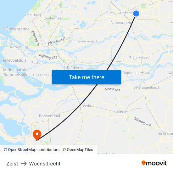 Zeist to Woensdrecht map