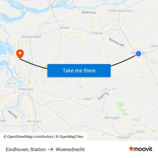 Eindhoven, Station to Woensdrecht map