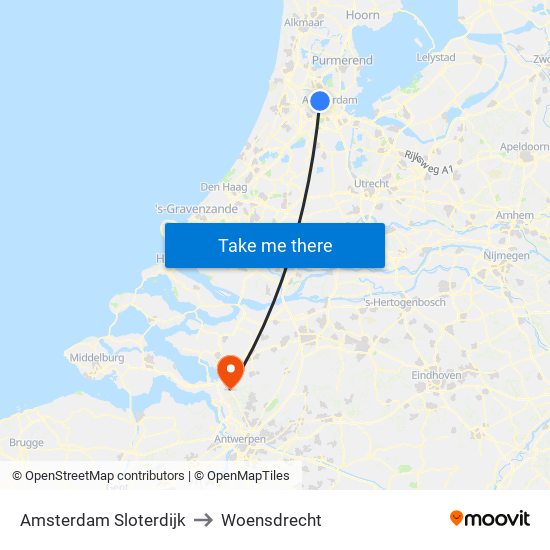 Amsterdam Sloterdijk to Woensdrecht map