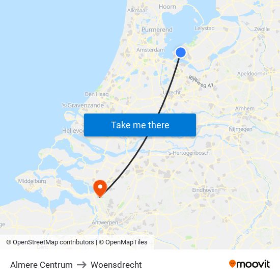 Almere Centrum to Woensdrecht map