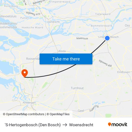'S-Hertogenbosch (Den Bosch) to Woensdrecht map