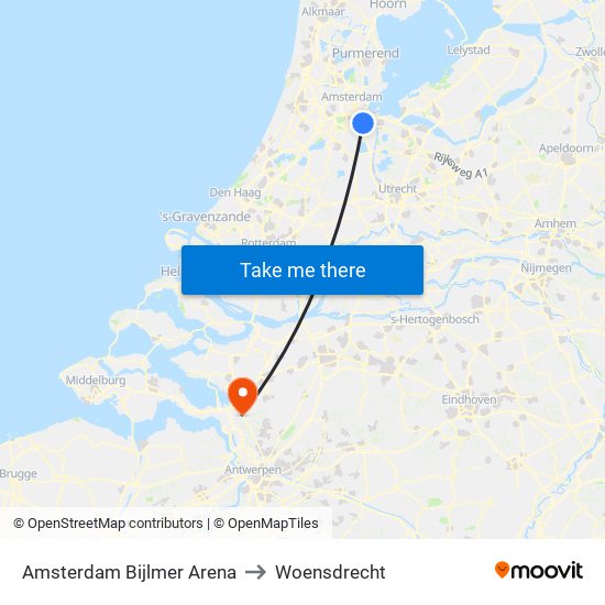 Amsterdam Bijlmer Arena to Woensdrecht map