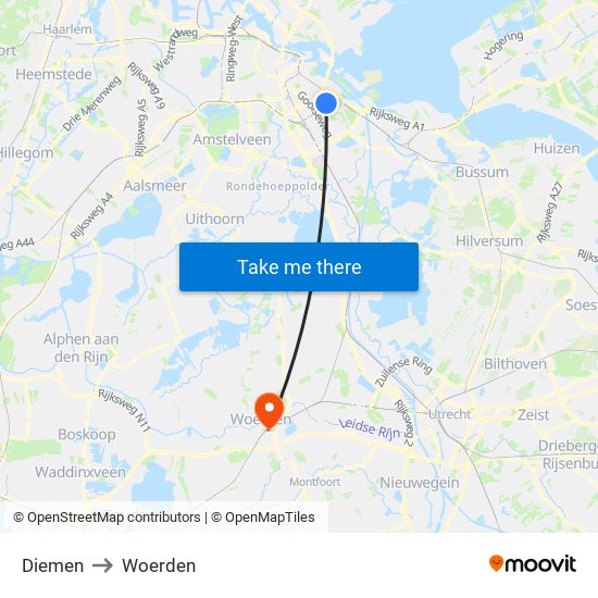 Diemen to Woerden map