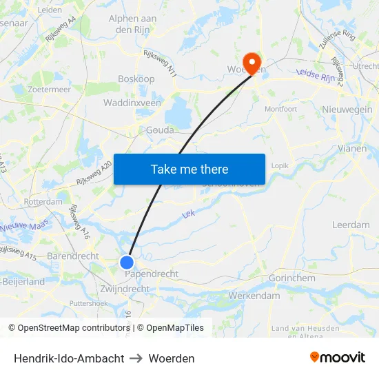 Hendrik-Ido-Ambacht to Woerden map