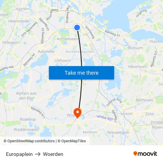 Europaplein to Woerden map