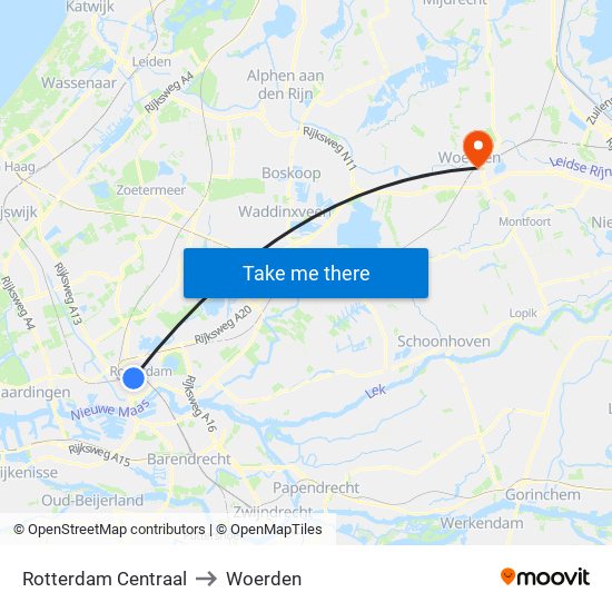 Rotterdam Centraal to Woerden map