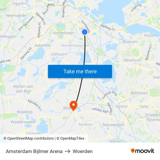 Amsterdam Bijlmer Arena to Woerden map
