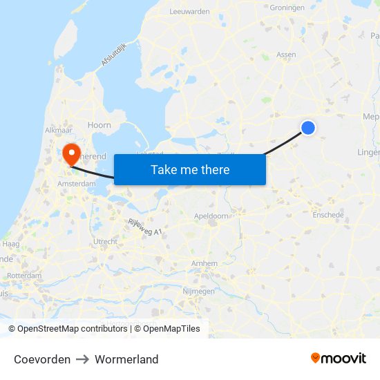 Coevorden to Wormerland map