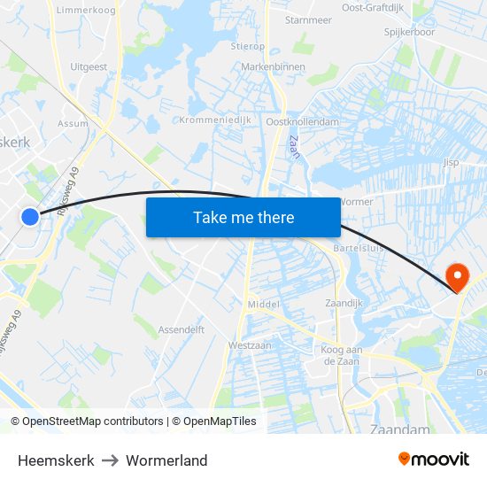 Heemskerk to Wormerland map