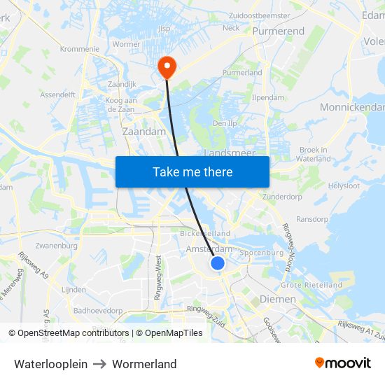 Waterlooplein to Wormerland map