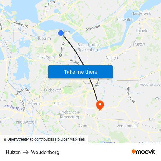 Huizen to Woudenberg map