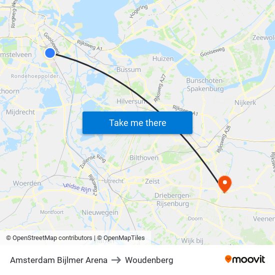 Amsterdam Bijlmer Arena to Woudenberg map