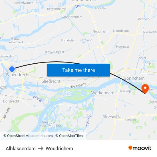 Alblasserdam to Woudrichem map