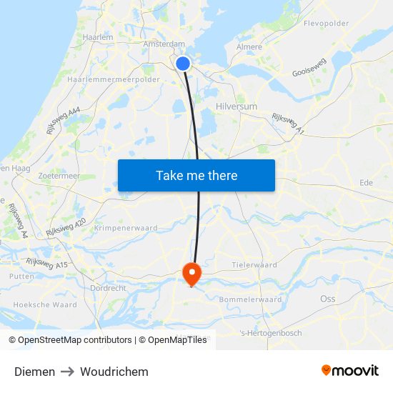 Diemen to Woudrichem map