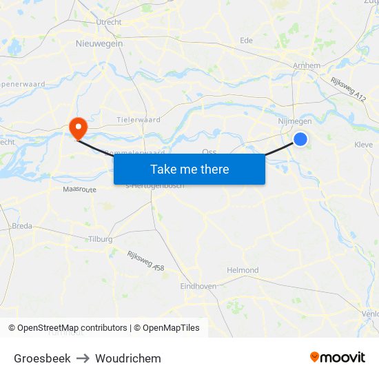 Groesbeek to Woudrichem map