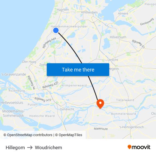 Hillegom to Woudrichem map