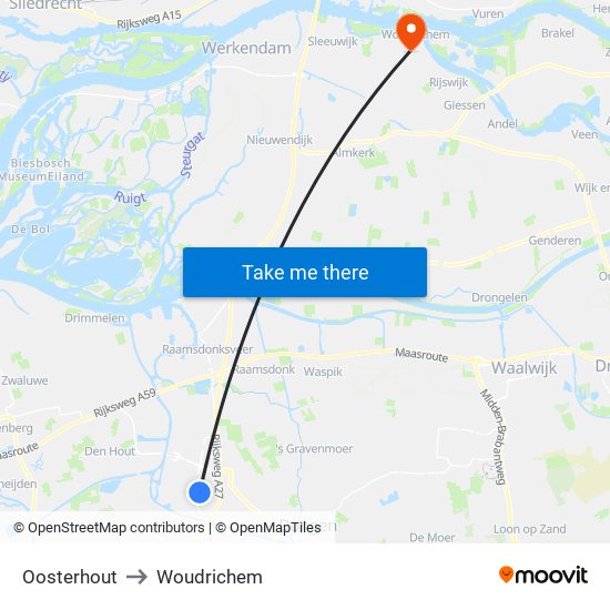 Oosterhout to Woudrichem map