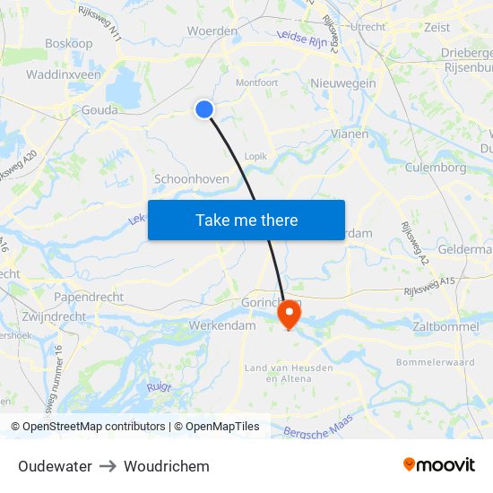 Oudewater to Woudrichem map