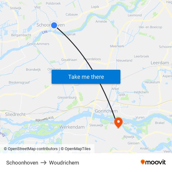 Schoonhoven to Woudrichem map