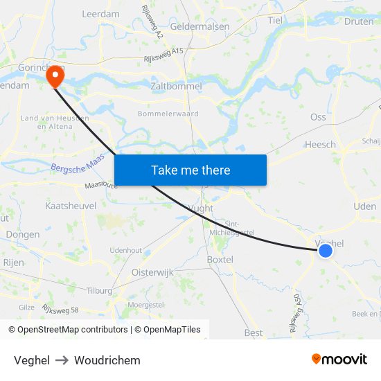 Veghel to Woudrichem map