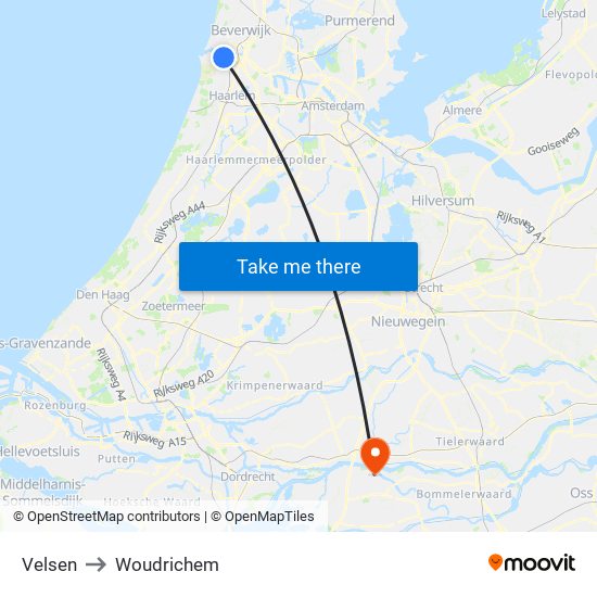 Velsen to Woudrichem map