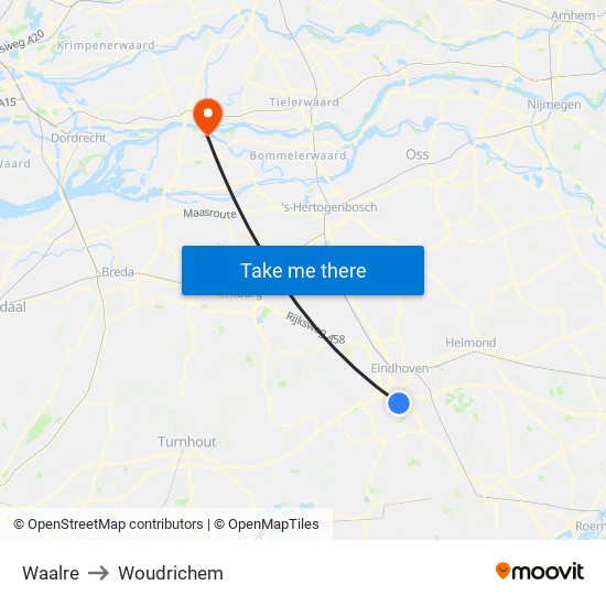 Waalre to Woudrichem map