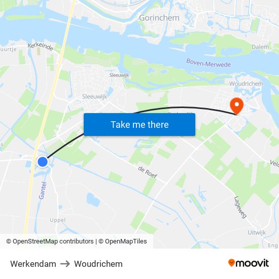 Werkendam to Woudrichem map