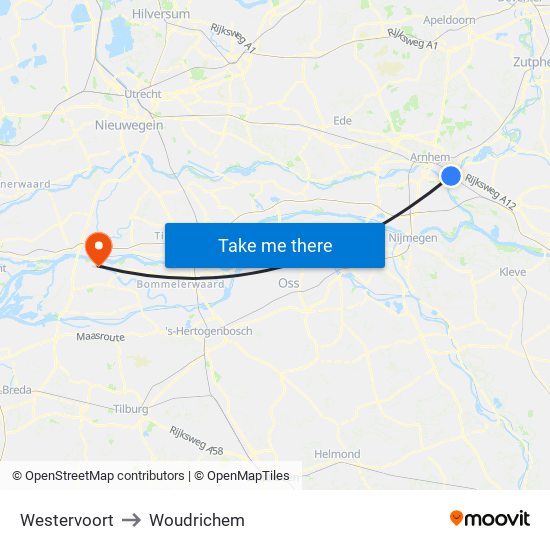 Westervoort to Woudrichem map