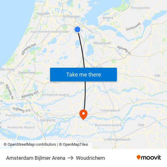 Amsterdam Bijlmer Arena to Woudrichem map