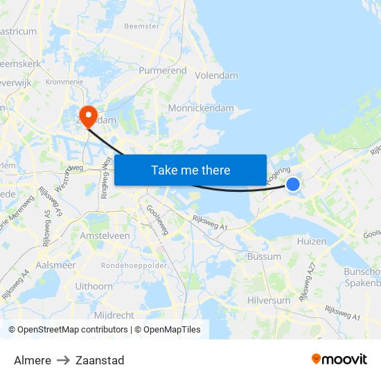 Almere to Zaanstad map