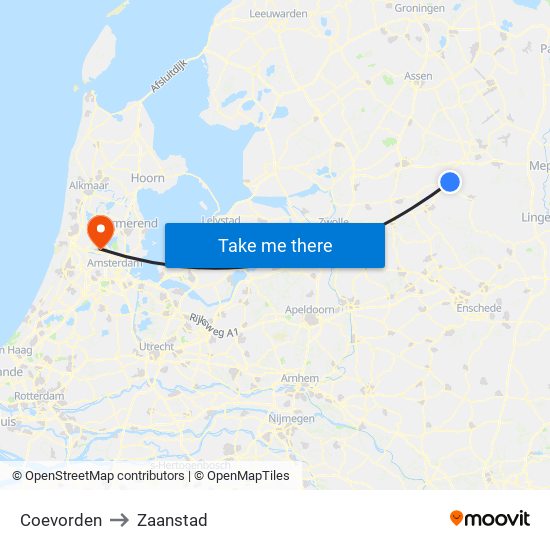 Coevorden to Zaanstad map