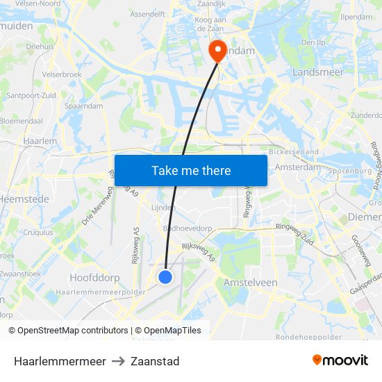 Haarlemmermeer to Zaanstad map