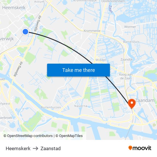 Heemskerk to Zaanstad map