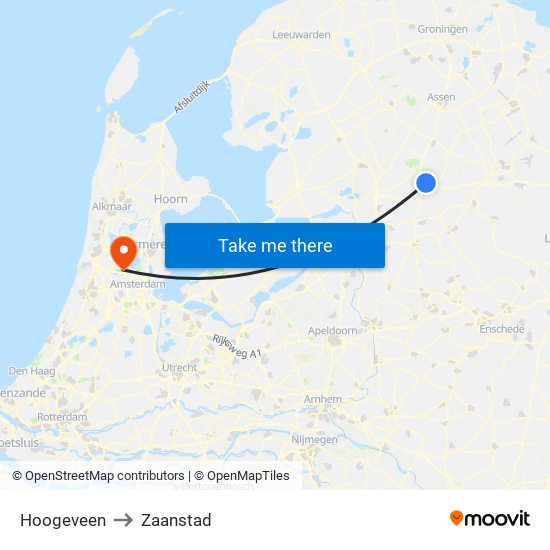 Hoogeveen to Zaanstad map