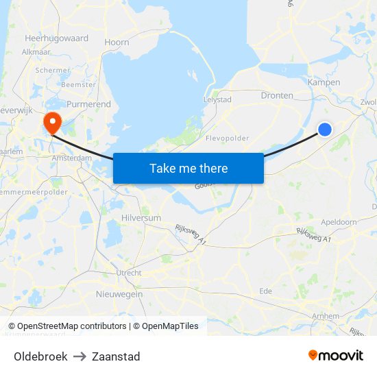 Oldebroek to Zaanstad map