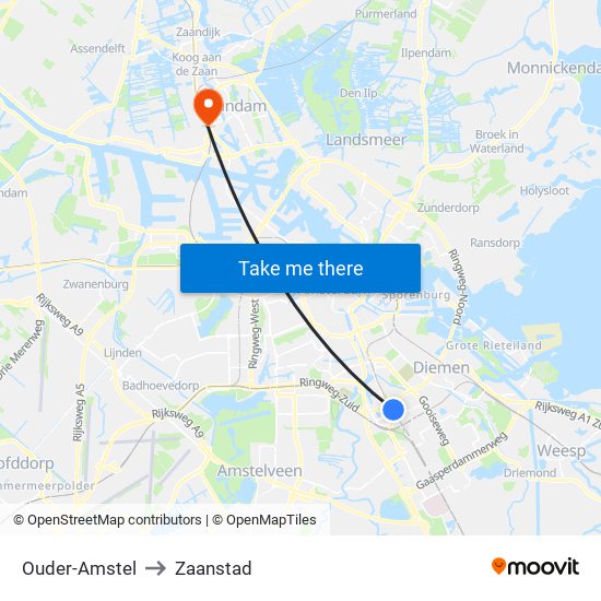 Ouder-Amstel to Zaanstad map