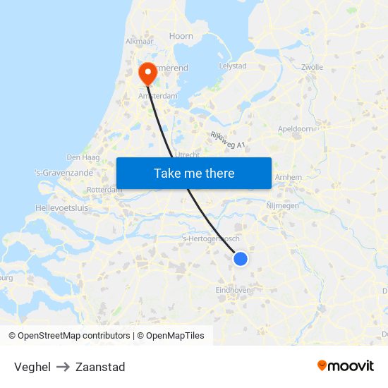 Veghel to Zaanstad map