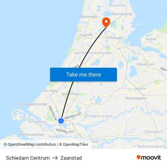 Schiedam Centrum to Zaanstad map