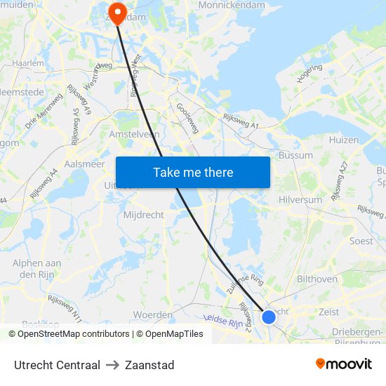 Utrecht Centraal to Zaanstad map