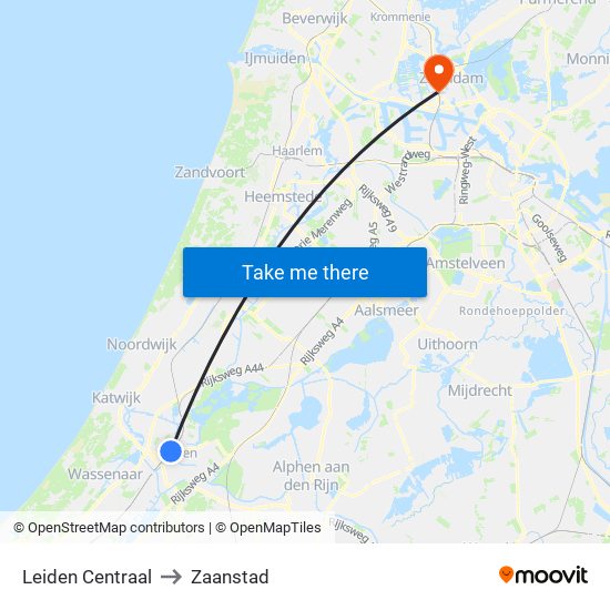 Leiden Centraal to Zaanstad map